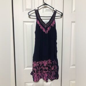 Sapogee Navy and Pink Palm Tree Beach Summer Tank Dress with Golden Accents